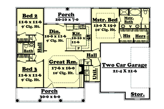 Floor Plan - Main Floor for Southern House Plan #430-11 - 3 bed, 2 bath