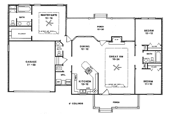 Floor Plan - Main Floor for Country House Plan #14-121 - 3 bed, 2 bath
