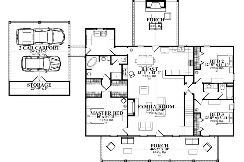 Dream House Plan - Floor Plan - Main Floor for Ranch House Plan #63-414 - 4 bed, 3 bath