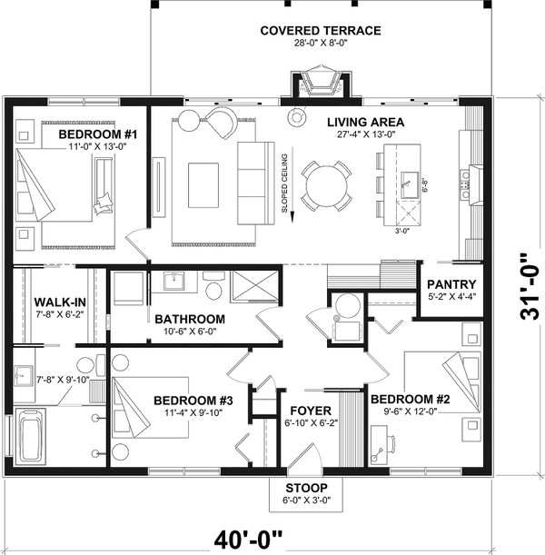 House Blueprint - Floor Plan - Main Floor for Cabin House Plan #23-2895 - 3 bed, 2 bath