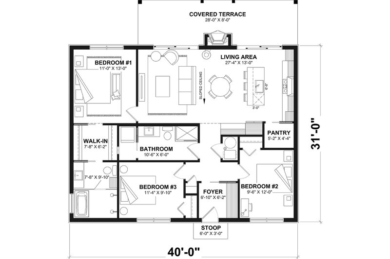 House Blueprint - Floor Plan - Main Floor for Cabin House Plan #23-2895 - 3 bed, 2 bath