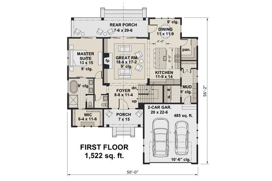 Floor Plan - Main Floor for Farmhouse House Plan #51-1146 - 3 bed, 3.5 bath