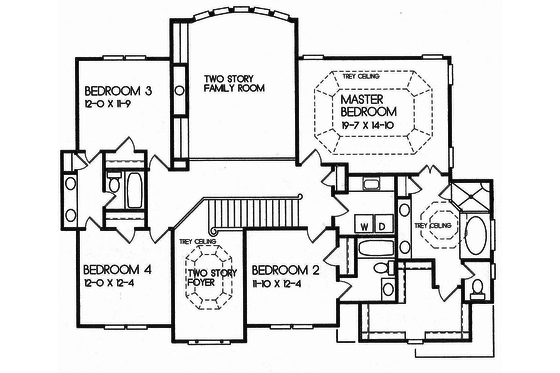 Traditional style house plan, upper level floor plan