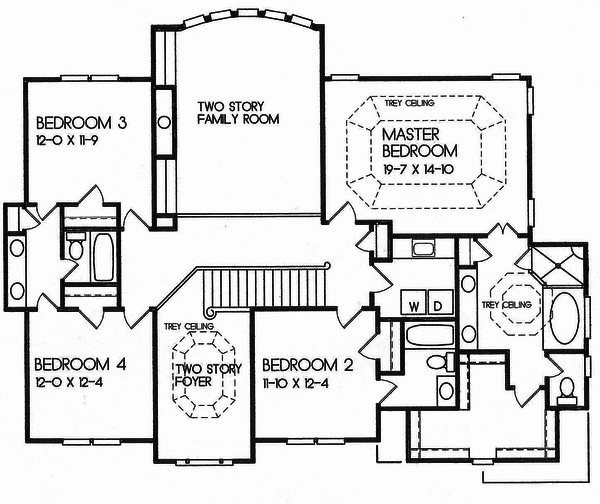 Traditional style house plan, upper level floor plan