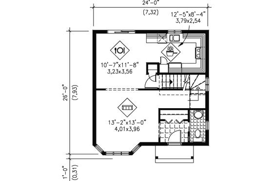 Floor Plan - Main Floor for Farmhouse House Plan #25-4053 - 2 bed, 1.5 bath