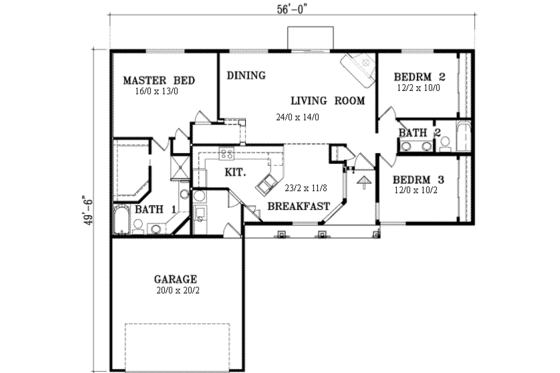 Floor Plan - Main Floor for Ranch House Plan #1-1270 - 3 bed, 2 bath