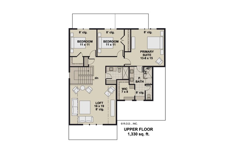 House Blueprint - Floor Plan - Upper Floor for Bungalow House Plan #51-1355 - 3 bed, 2.5 bath
