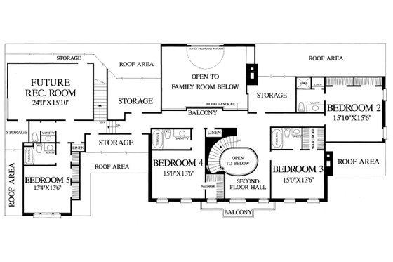 Upper level floor plan - 5800 square foot Southern home