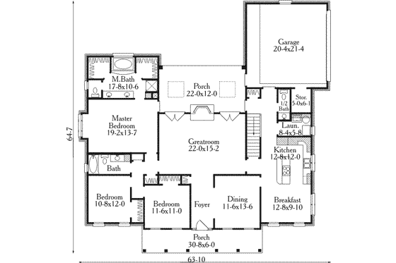 Floor Plan - Main Floor for Southern House Plan #406-189 - 3 bed, 2.5 bath