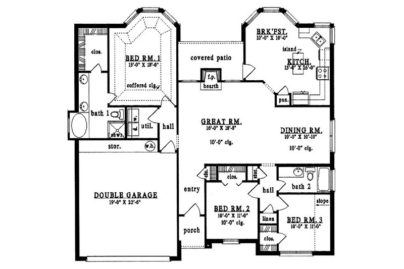 House Design - Floor Plan - Main Floor for Ranch House Plan #42-565 - 3 bed, 2 bath