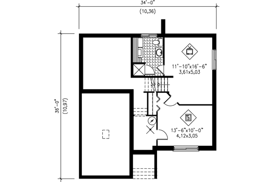 Floor Plan - Lower Floor for European House Plan #25-312 - 2 bed, 1 bath