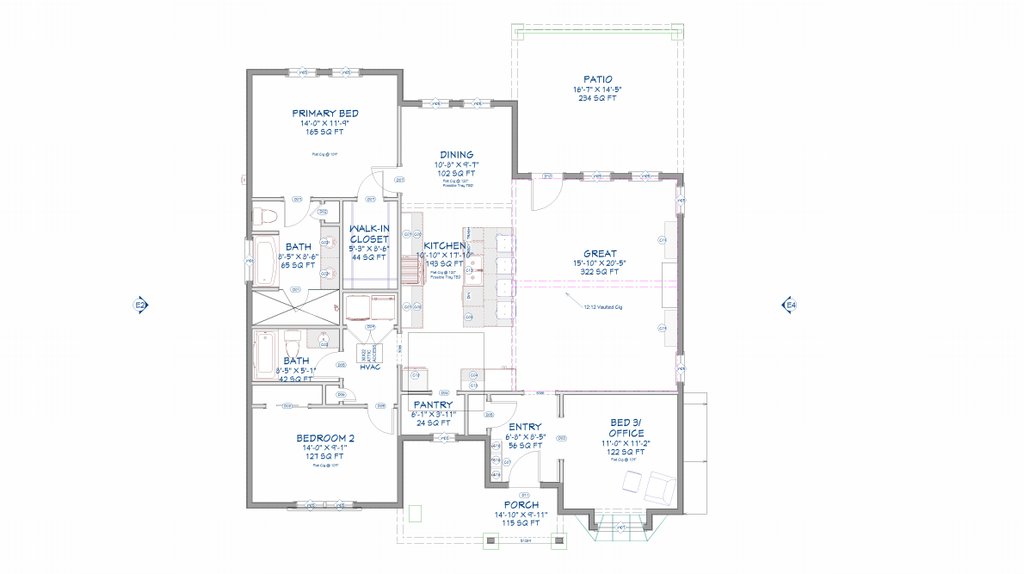 Floor plan with a great room, several bedrooms, and a patio