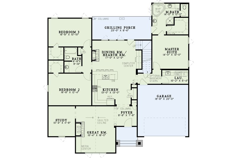 House Blueprint - Floor Plan - Main Floor for Craftsman House Plan #17-2815 - 3 bed, 2 bath