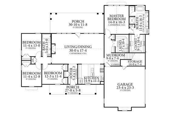 Floor Plan - Main Floor for Farmhouse House Plan #406-9666 - 4 bed, 2 bath