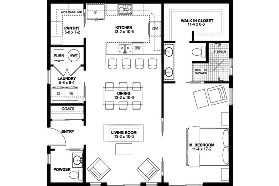 Floor Plan - Main Floor for Farmhouse House Plan #126-176 - 1 bed, 1.5 bath