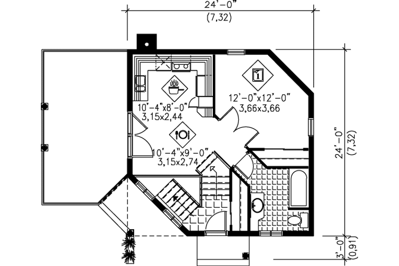 House Blueprint - Floor Plan - Main Floor for Cottage House Plan #25-1118 - 1 bed, 2 bath