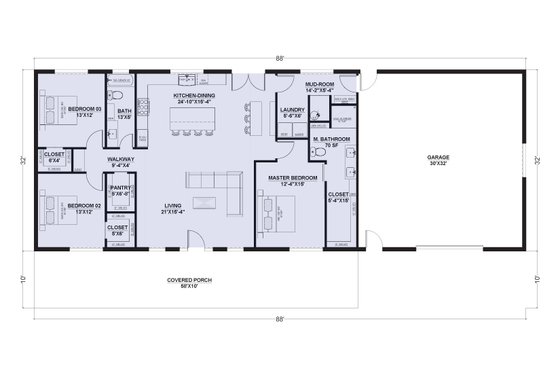 Floor Plan - Main Floor for Barndominium House Plan #1107-22 - 3 bed, 2 bath
