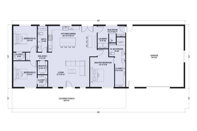 Home Plan - Floor Plan - Main Floor for Barndominium House Plan #1107-22 - 3 bed, 2 bath