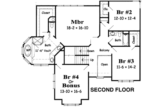 Floor Plan - Upper Floor for European House Plan #329-106 - 4 bed, 3 bath