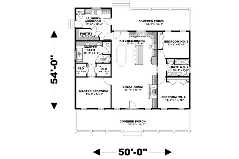 House Blueprint - Floor Plan - Main Floor for Country House Plan #44-254 - 3 bed, 2 bath
