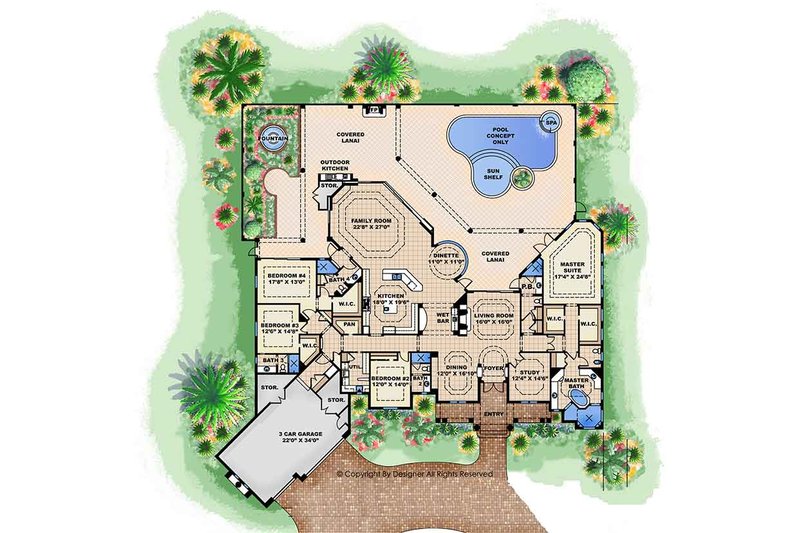 House Design - Floor Plan - Main Floor for Mediterranean House Plan #1017-161 - 4 bed, 5 bath