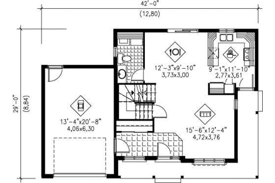 Floor Plan - Main Floor for Country House Plan #25-2026 - 3 bed, 1.5 bath