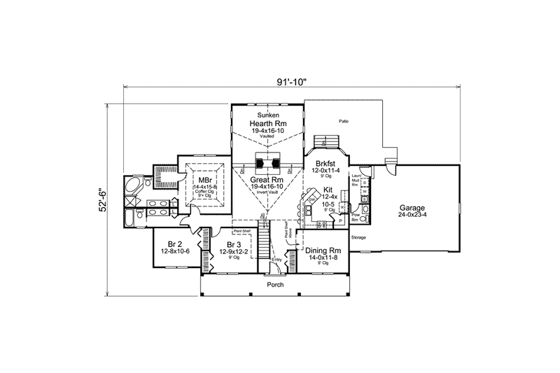 Architectural House Design - Floor Plan - Main Floor for Southern House Plan #57-605 - 3 bed, 2.5 bath