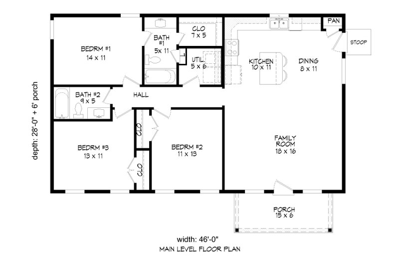 Dream House Plan - Floor Plan - Main Floor for Country House Plan #932-1418 - 3 bed, 2 bath