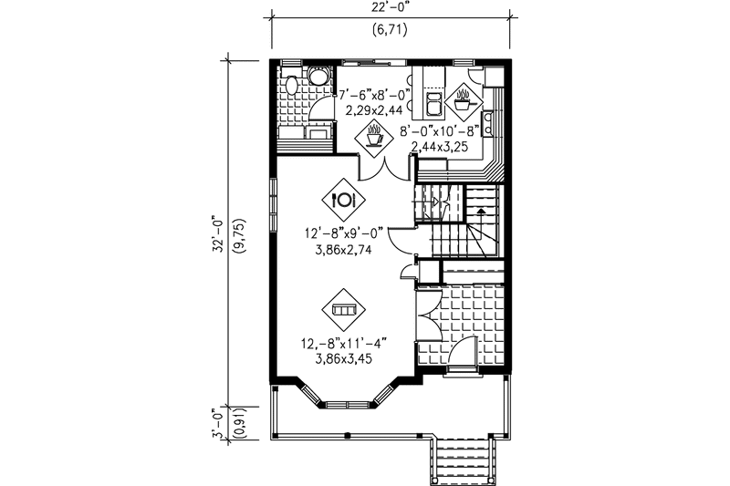House Blueprint - Floor Plan - Main Floor for Victorian House Plan #25-201 - 3 bed, 1.5 bath