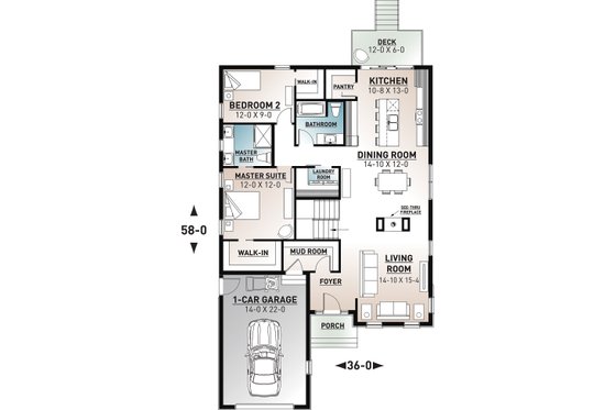 Floor Plan - Main Floor for Craftsman House Plan #23-2692 - 2 bed, 2 bath