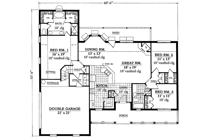 House Design - Floor Plan - Main Floor for Country House Plan #42-645 - 3 bed, 2 bath