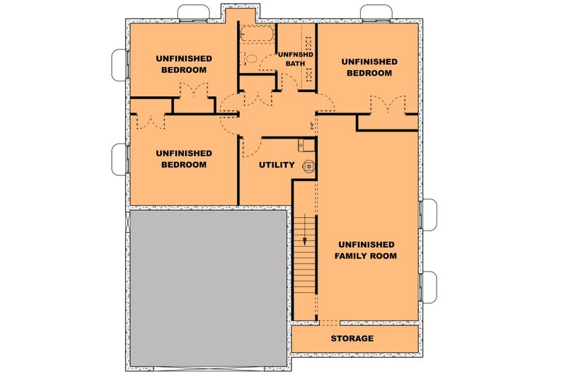 House Design - Floor Plan - Lower Floor for Farmhouse House Plan #1111-24 - 3 bed, 2 bath