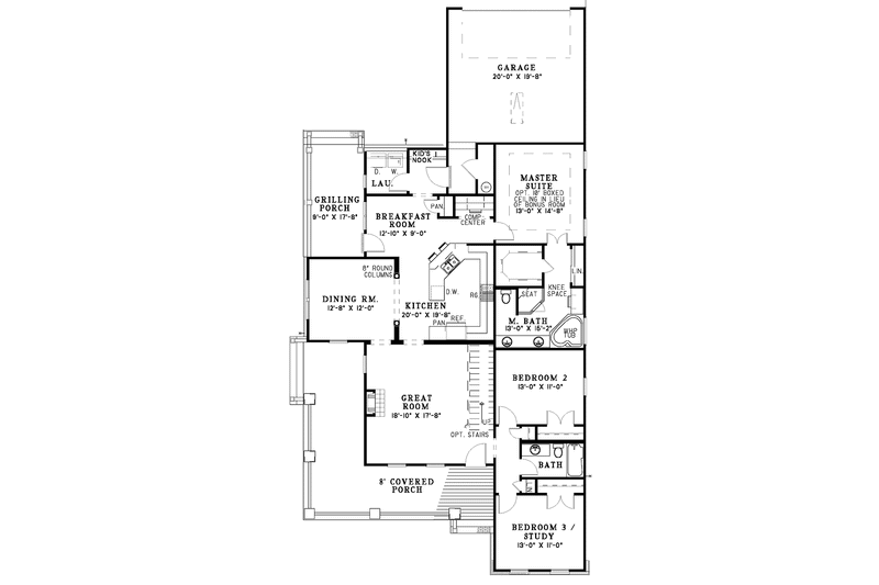 Architectural House Design - Floor Plan - Main Floor for Craftsman House Plan #17-3106 - 3 bed, 2 bath