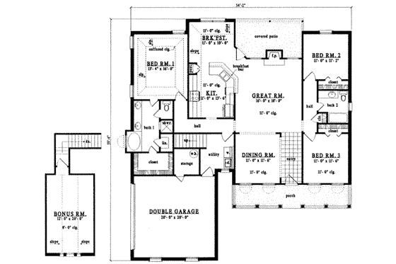 Floor Plan - Main Floor for Southern House Plan #42-282 - 3 bed, 2 bath