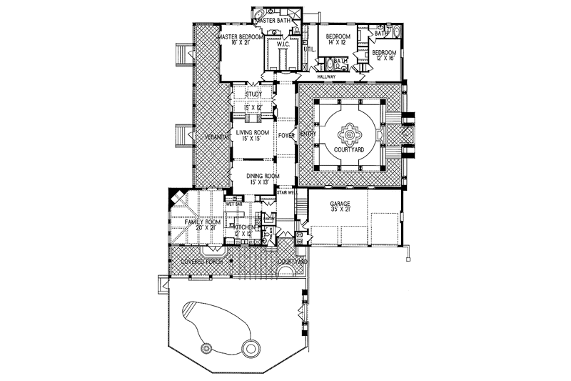 House Plan Design - Floor Plan - Main Floor for Mediterranean House Plan #76-124 - 3 bed, 4.5 bath