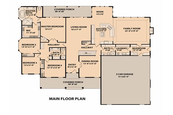 Floor Plan - Main Floor for Ranch House Plan #515-1 - 4 bed, 3 bath