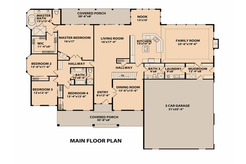 Architectural House Design - Floor Plan - Main Floor for Ranch House Plan #515-1 - 4 bed, 3 bath