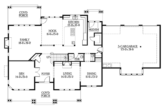 Floor Plan - Main Floor for Craftsman House Plan #132-480 - 4 bed, 3.5 bath