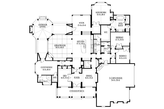 Floor Plan - Main Floor for Craftsman House Plan #132-257 - 4 bed, 3 bath