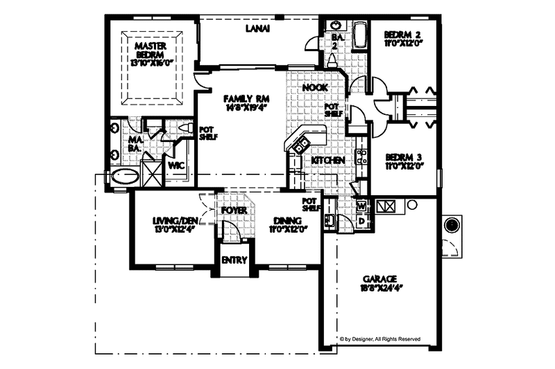 Architectural House Design - Floor Plan - Main Floor for Mediterranean House Plan #999-100 - 3 bed, 2 bath