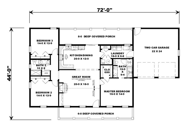 Architectural House Design - Floor Plan - Main Floor 1 for Country House Plan #44-256 - 3 bed, 2 bath