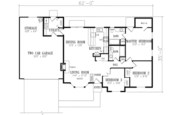 Floor Plan - Main Floor for Ranch House Plan #1-225 - 3 bed, 2 bath