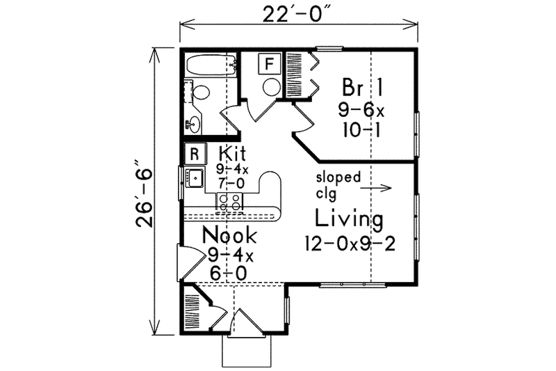Dream House Plan - Floor Plan - Main Floor for Cottage House Plan #57-495 - 1 bed, 1 bath