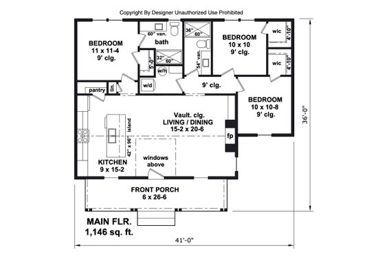 Floor Plan - Main Floor for Farmhouse House Plan #51-1440 - 3 bed, 2 bath