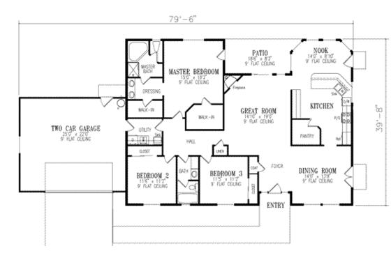 Floor Plan - Main Floor for Ranch House Plan #1-436 - 3 bed, 2 bath