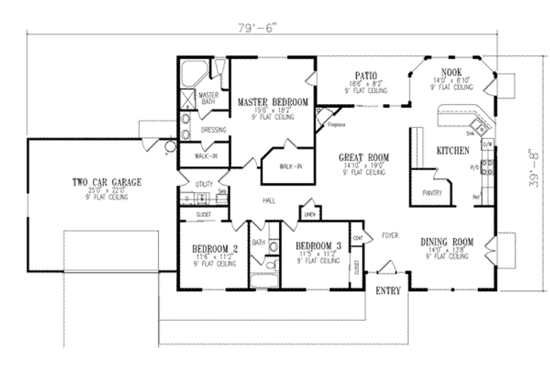 House Blueprint - Floor Plan - Main Floor for Ranch House Plan #1-436 - 3 bed, 2 bath