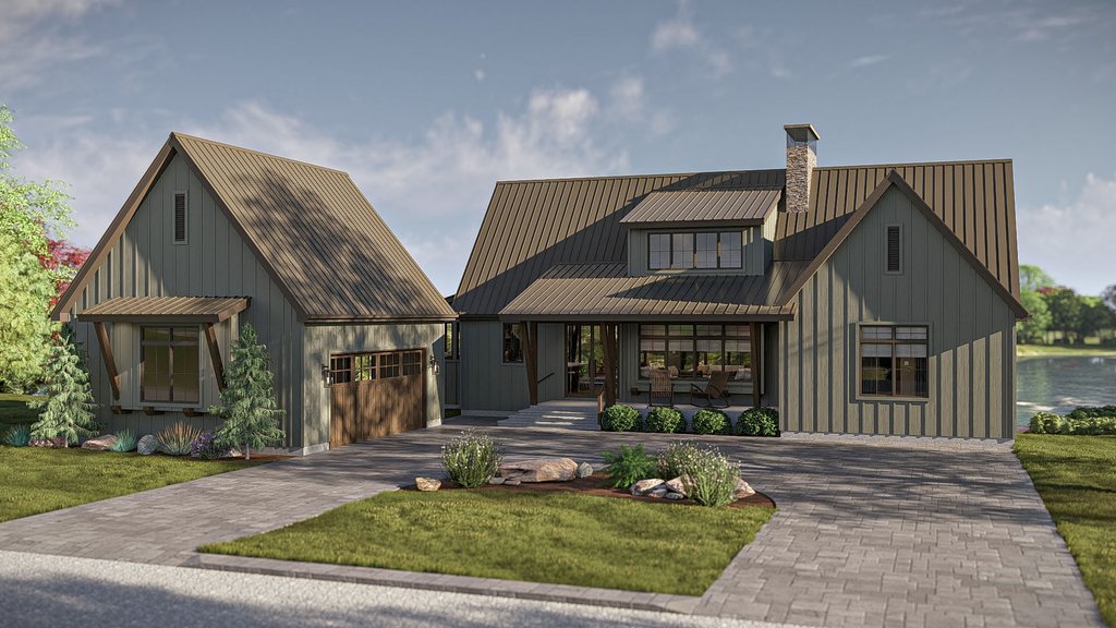 Lakefront house plan with walkout basement, front exterior.
