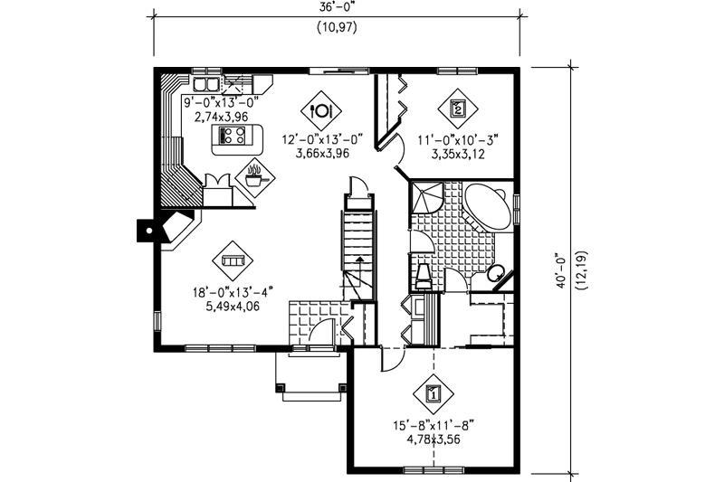 House Design - Floor Plan - Main Floor for Traditional House Plan #25-179 - 2 bed, 1 bath