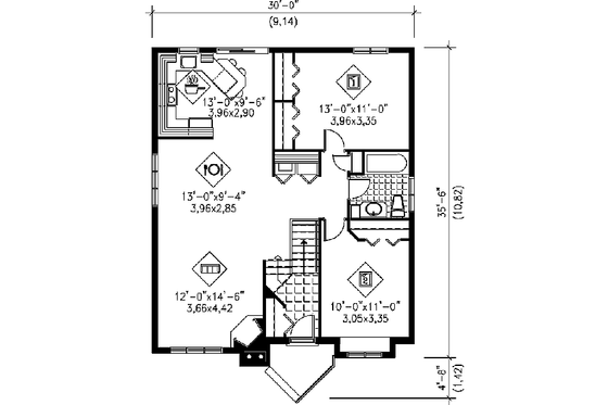 Floor Plan - Main Floor for Traditional House Plan #25-193 - 2 bed, 1 bath