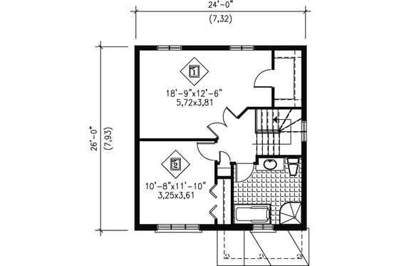 Floor Plan - Upper Floor for European House Plan #25-4007 - 2 bed, 1.5 bath